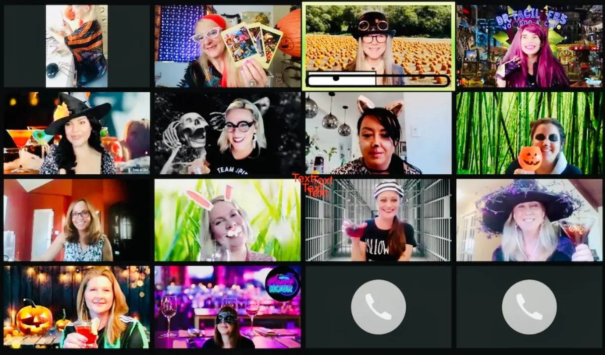 A remote team in Halloween costumes and backgrounds during a live virtual tarot session