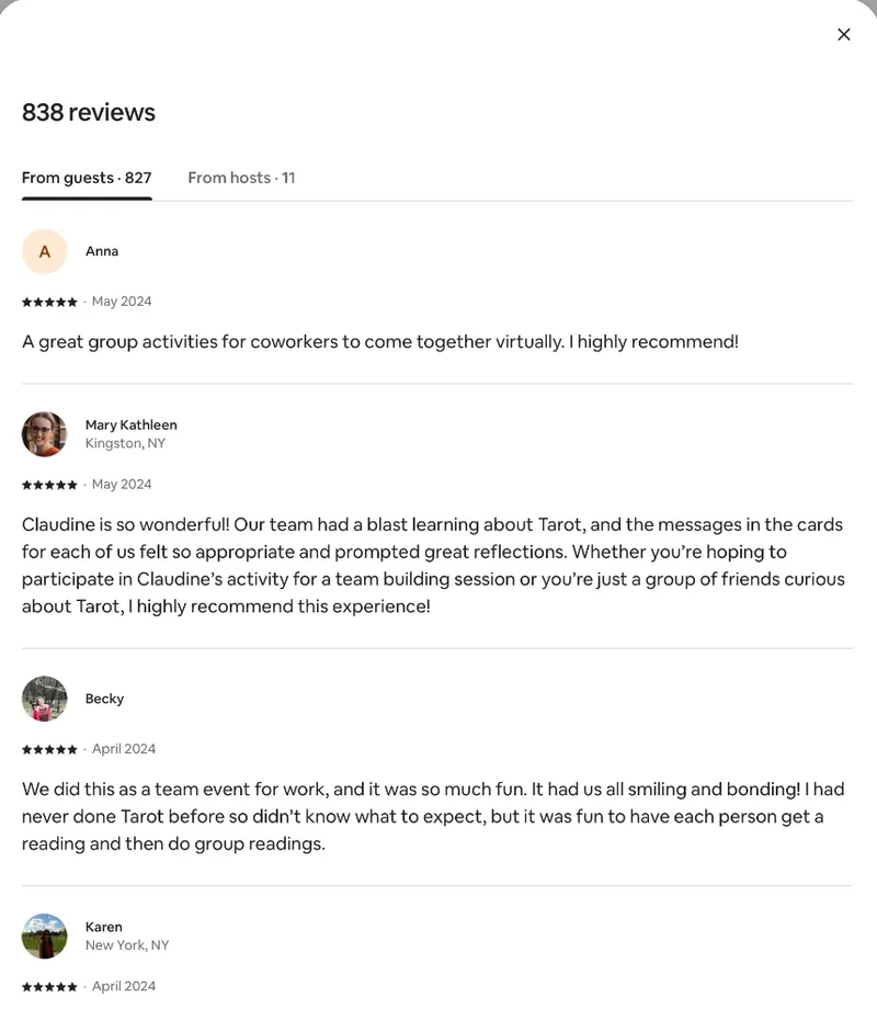 Airbnb reviews for Fun Group Tarot, showing 838 reviews with 827 from guests