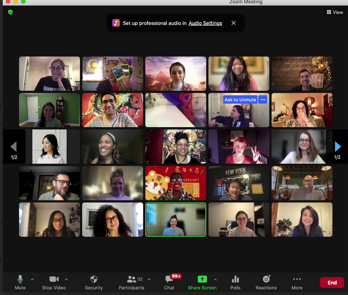Large group enjoying a virtual tarot team building event