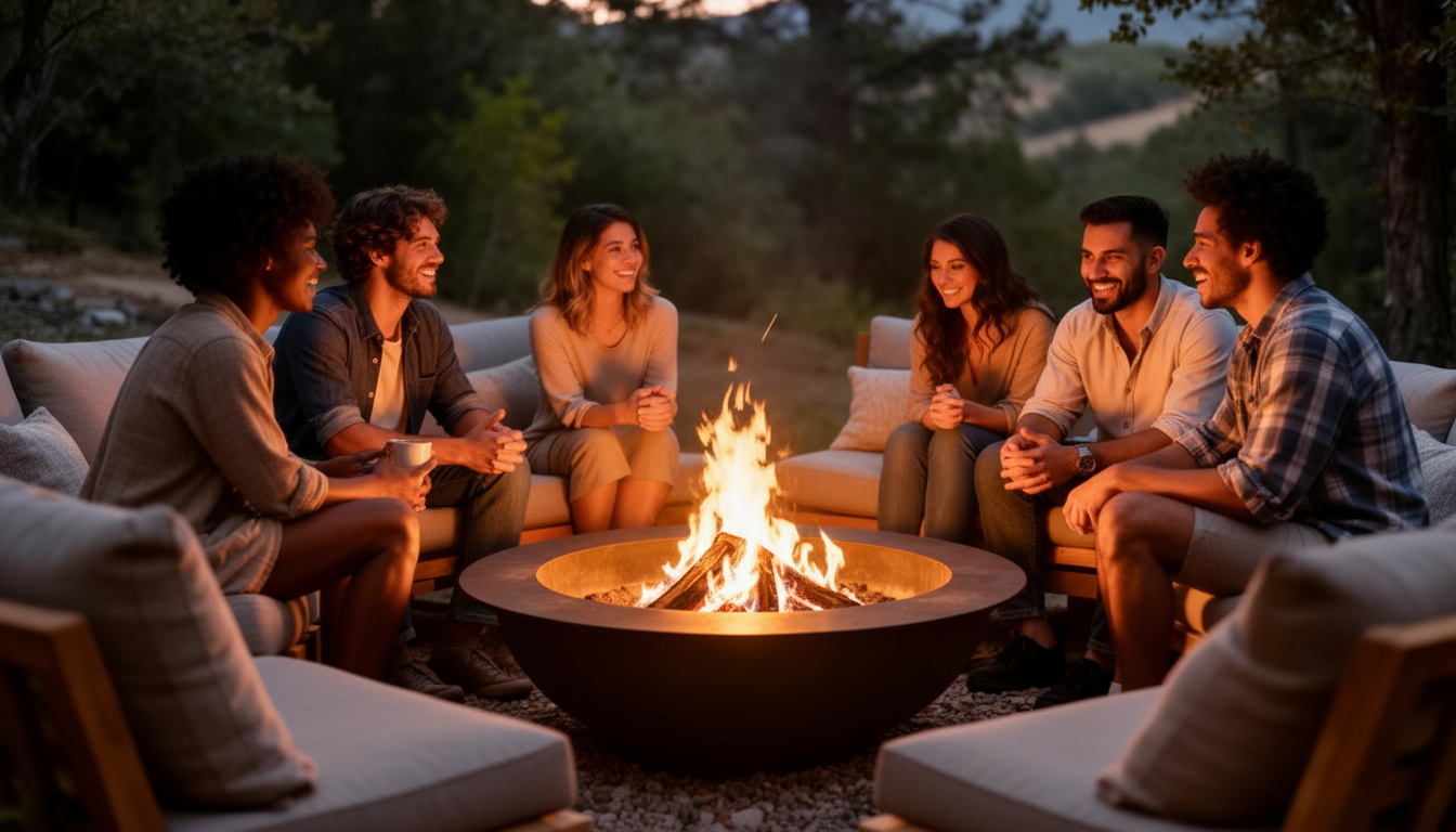 Small group of friends gathered around a fire pit at a retreat